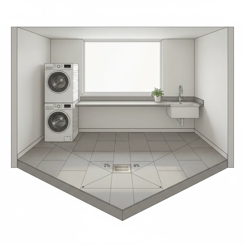 Illustration of sloped laundry room floor directing water to a drain