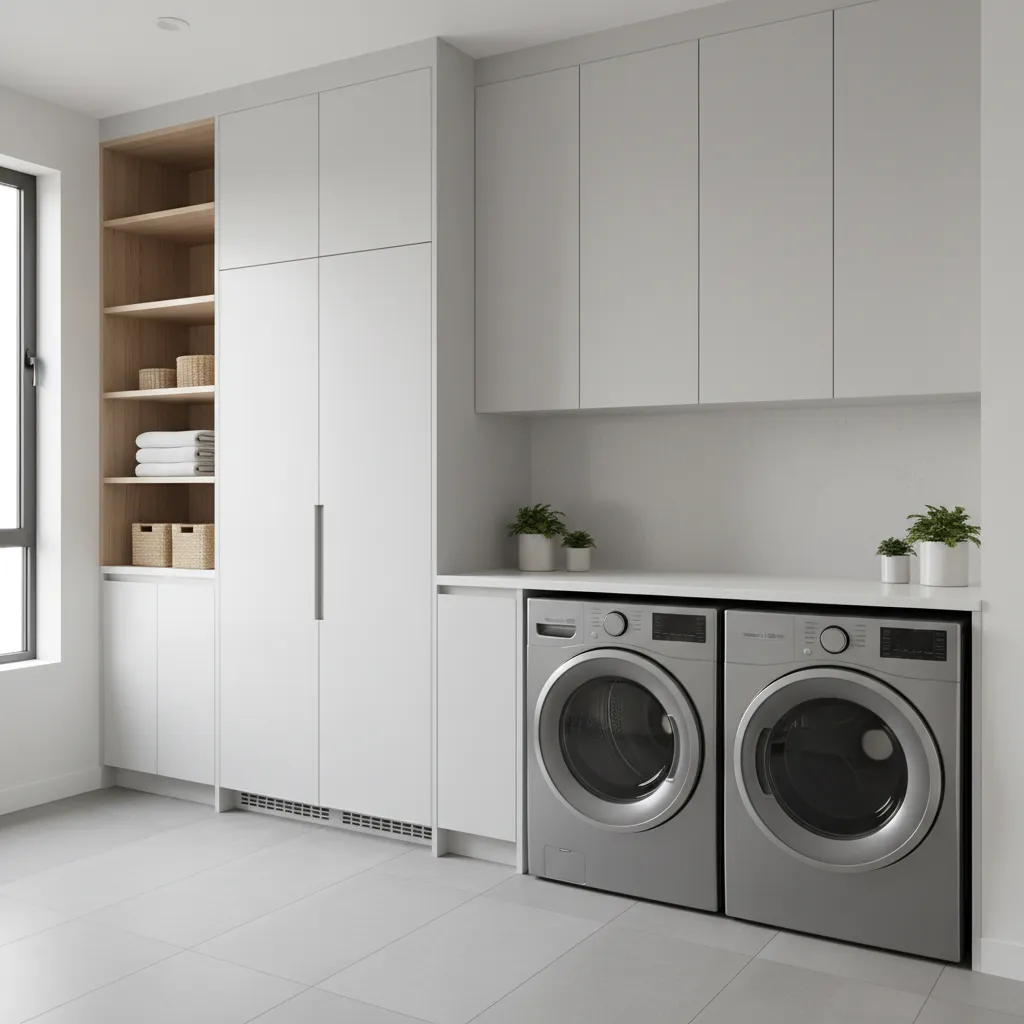 Laundry room folding counter above washer dryer with refrigerator nearby