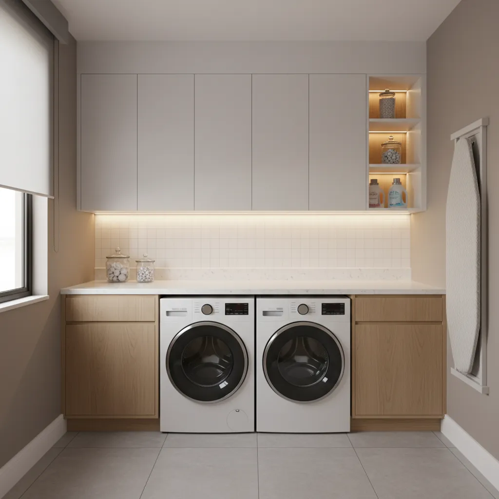 Laundry room counter above washer dryer for folding clothes