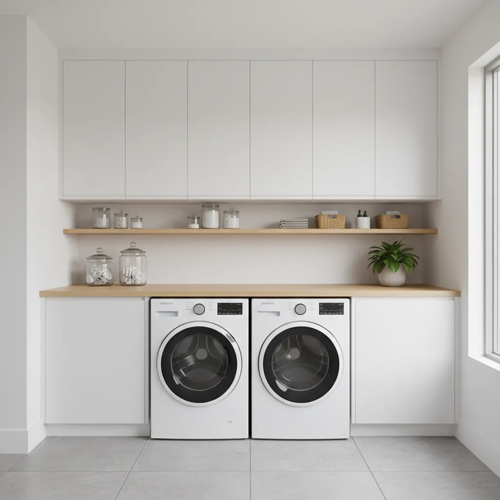 laundry folding counter above washer dryer with storage cabinets