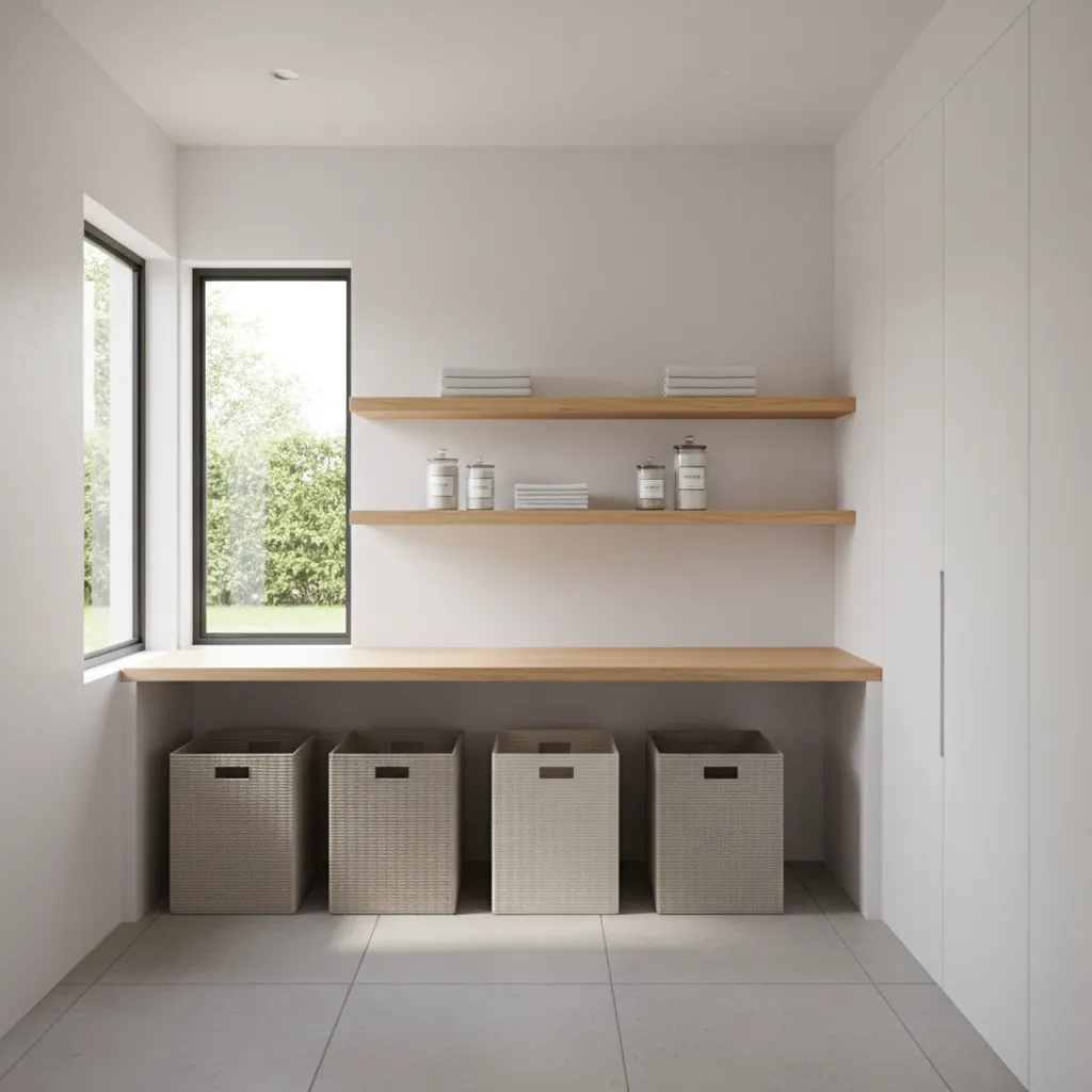 Laundry folding counter with baskets and organized storage shelves