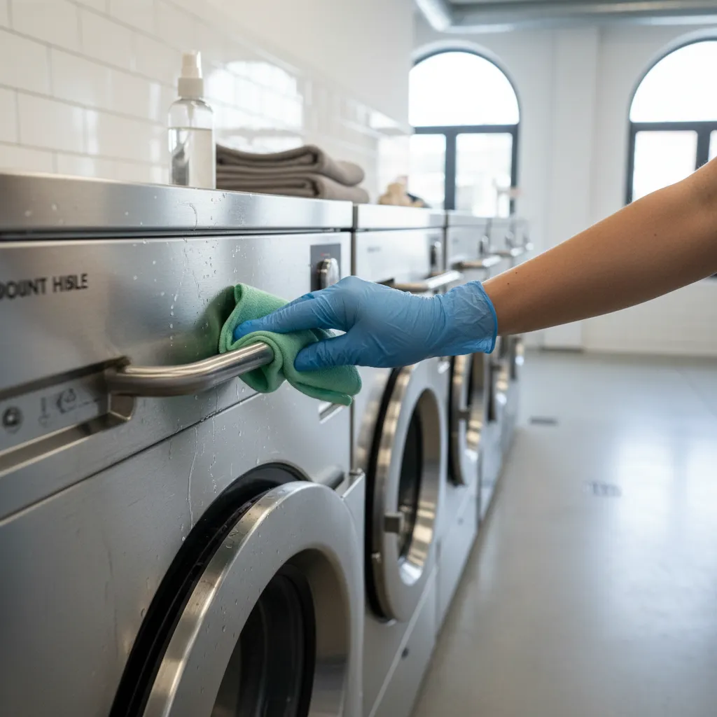 Person wiping laundromat machine handle with disinfectant cloth
