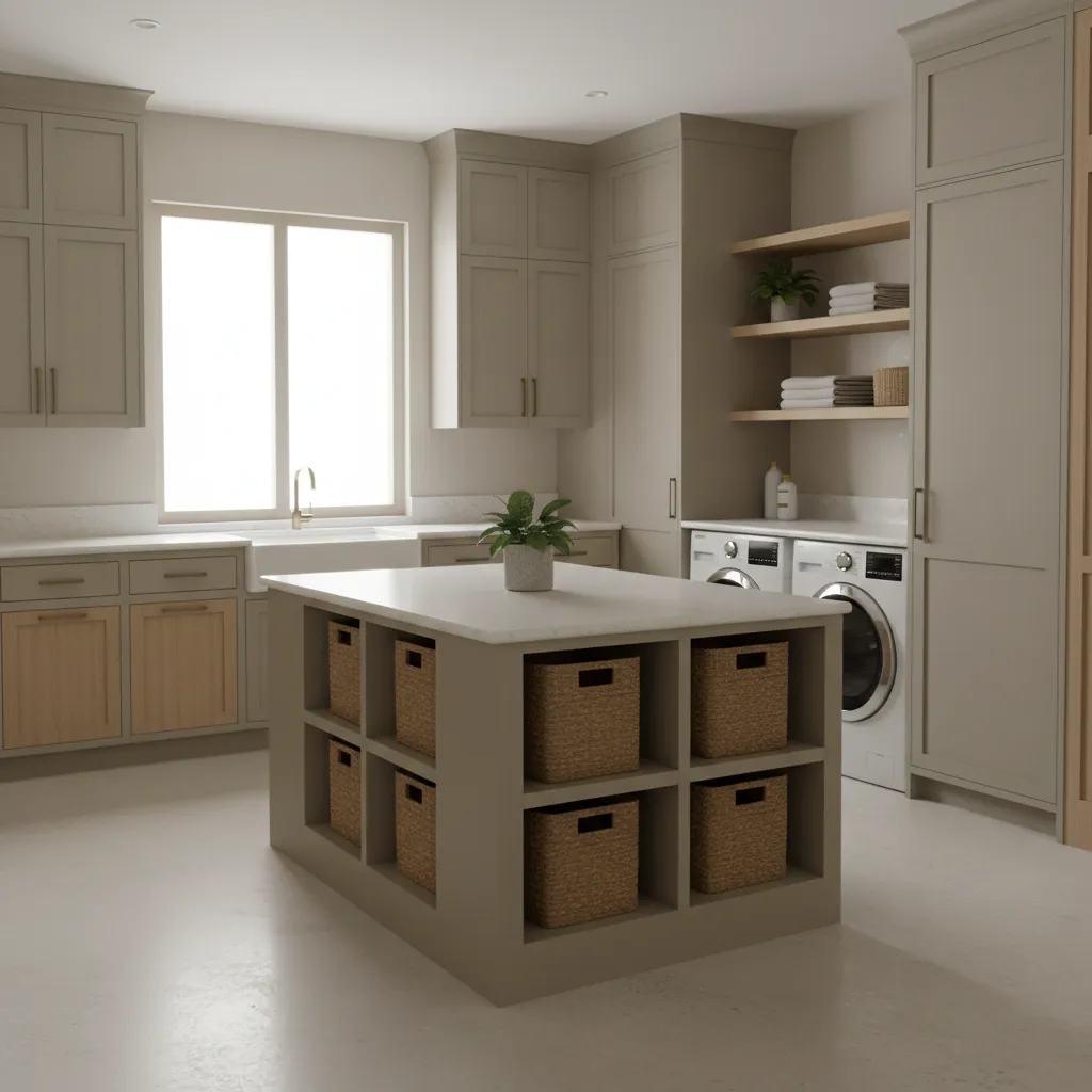 Laundry island with open cubbies holding sorting baskets