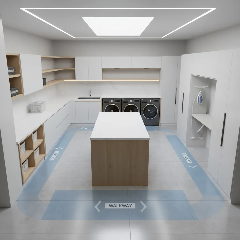 laundry room island clearance spacing around washer dryer and cabinets