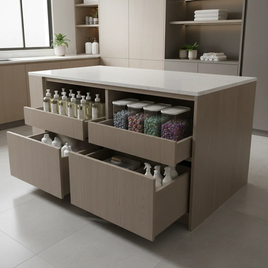 Laundry island drawers storing detergent bottles and laundry supplies