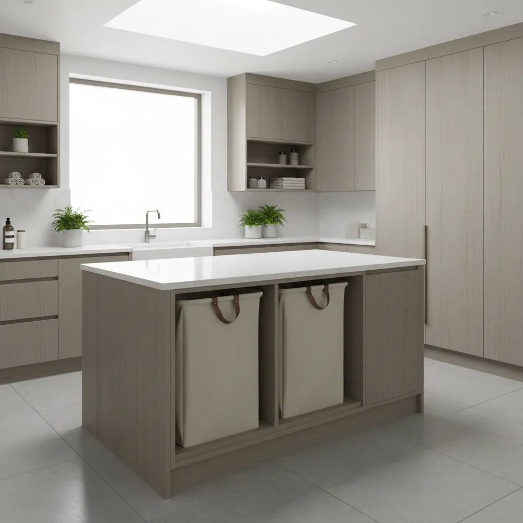 Laundry room island with pull out hamper drawers for sorting clothes