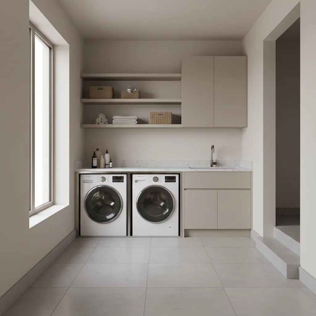 laundry washer installed in containment pan with raised threshold and waterproof flooring