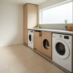 Modern laundry room with wood cabinets, two washing machines, large window, and cat litter box