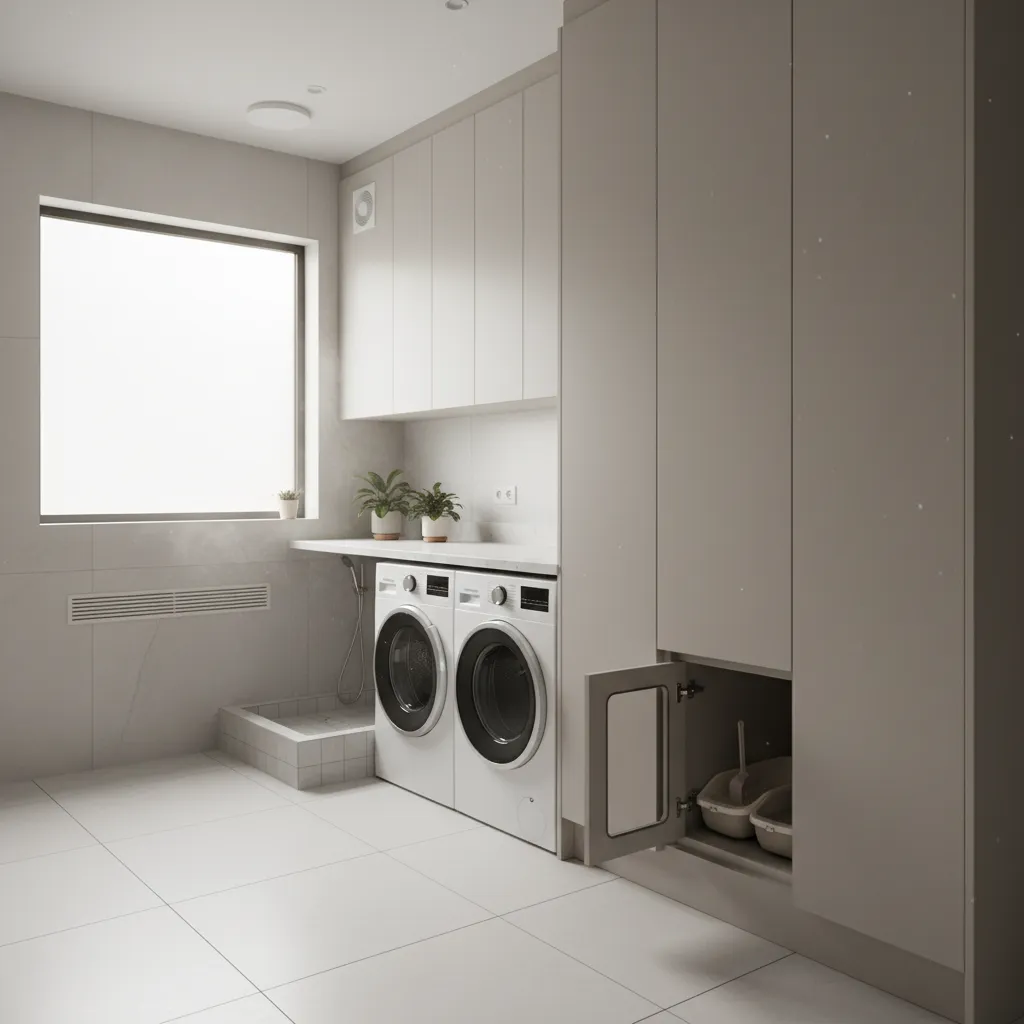 Modern laundry room with washing machines white cabinets window and a pet litter box station