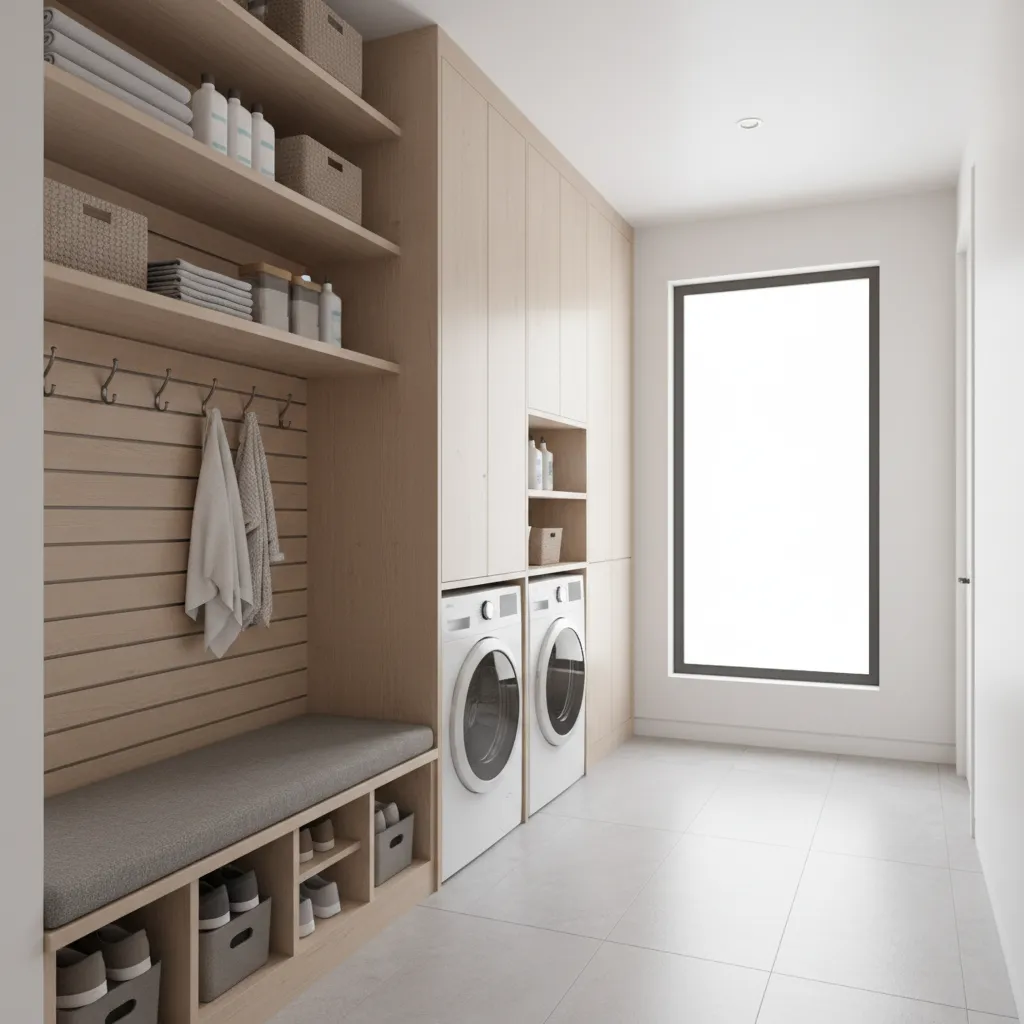 optimized small laundry mudroom layout with stacked washer dryer and storage