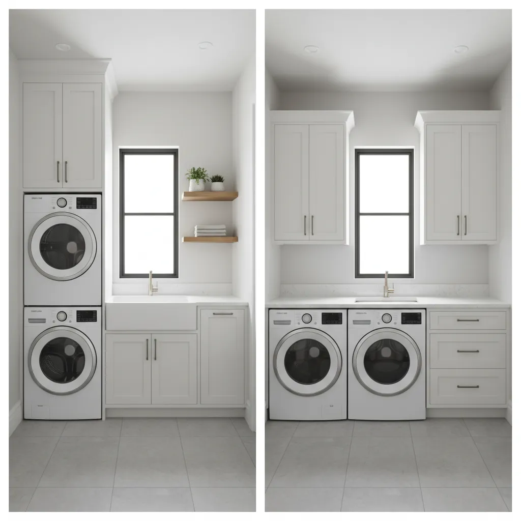 comparison of stacked versus side by side laundry storage layouts