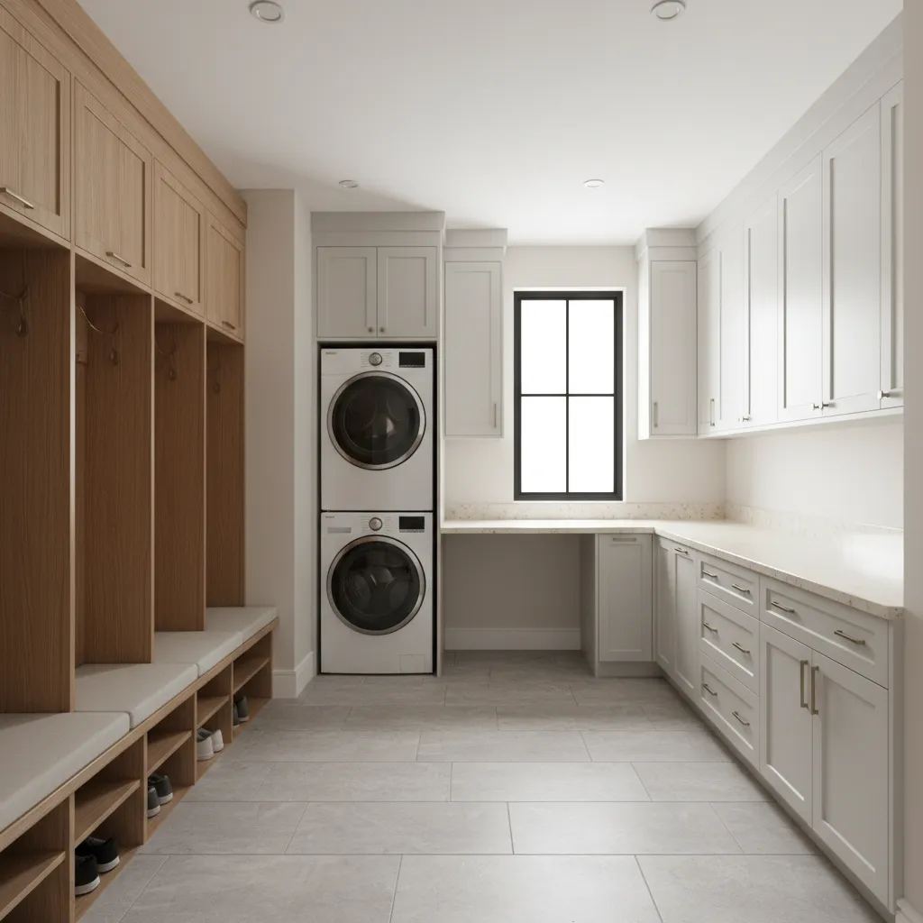 laundry mudroom workflow zones showing entry lockers washer dryer folding area and cabinets
