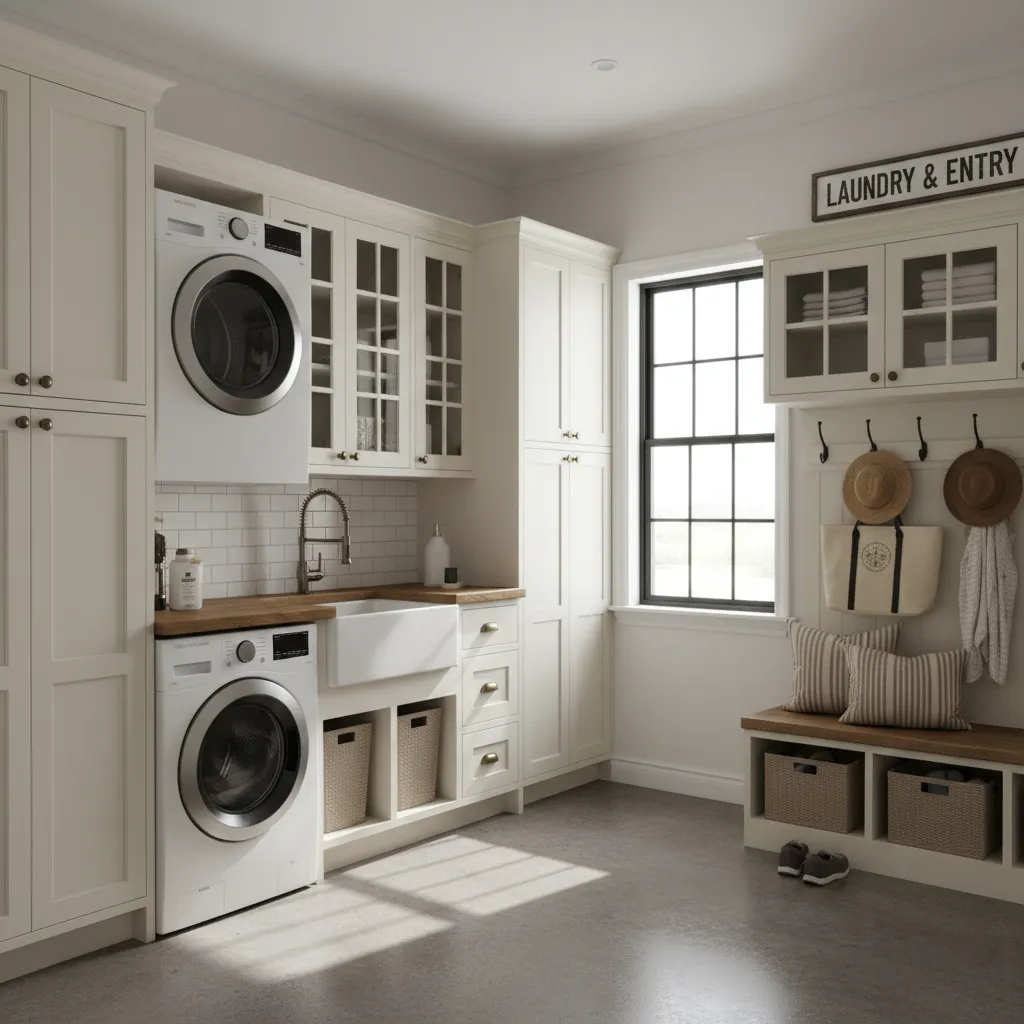 Laundry mudroom divided into laundry zone and entry storage zone