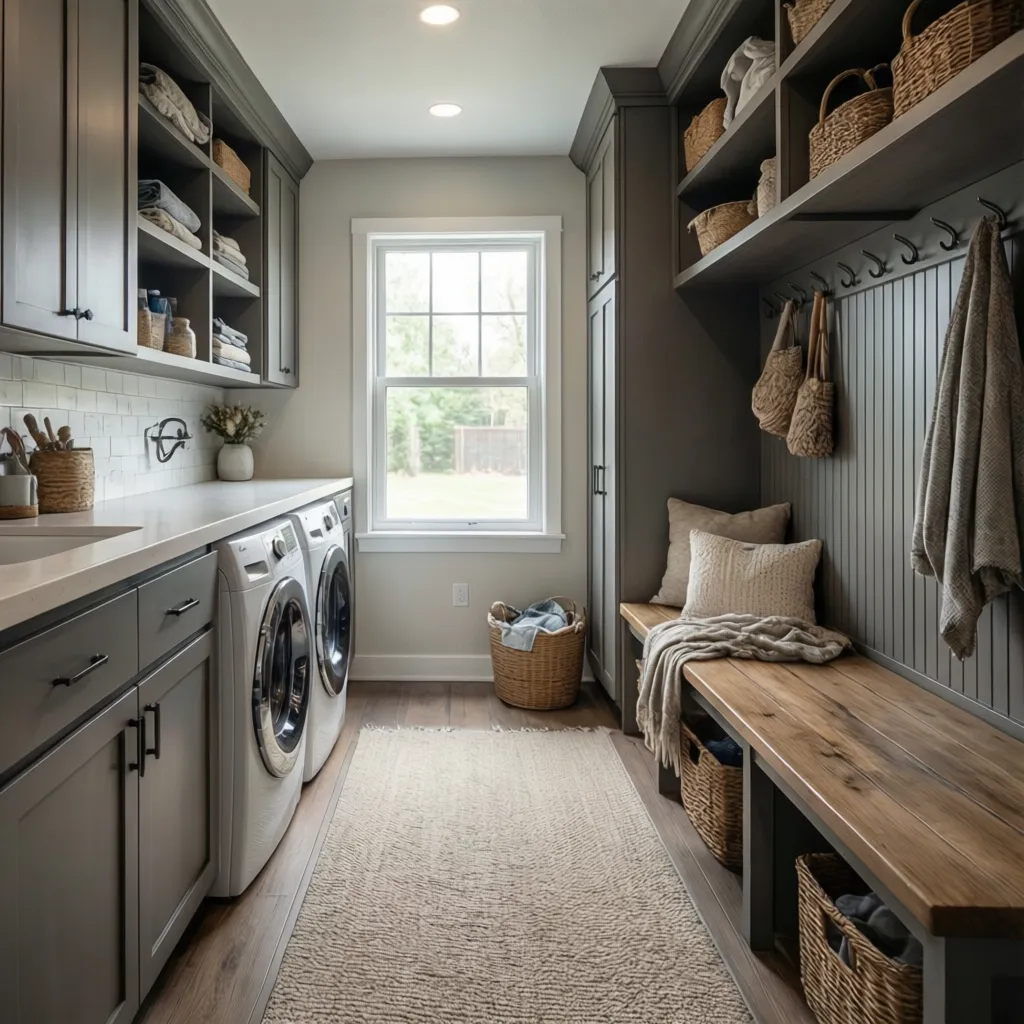 Laundry mudroom with clear zones for appliances and entry storage