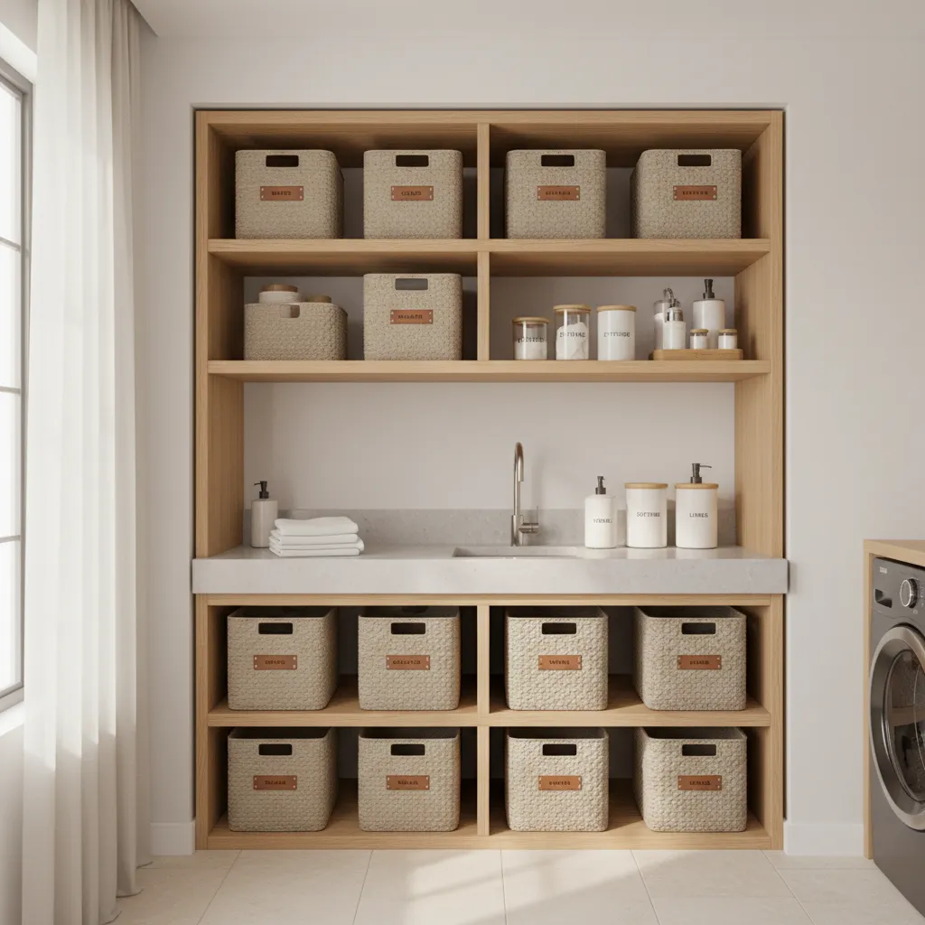 open shelving storage system in small laundry room with baskets