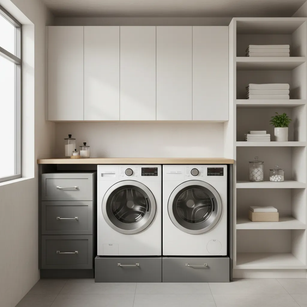 Front load washer and dryer raised on pedestal in organized laundry room