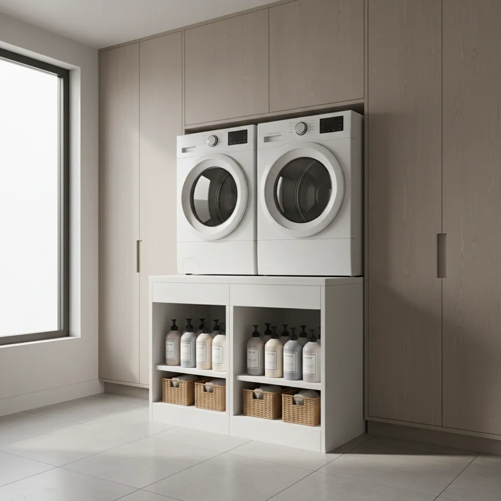Laundry pedestal with open storage area holding detergent and baskets