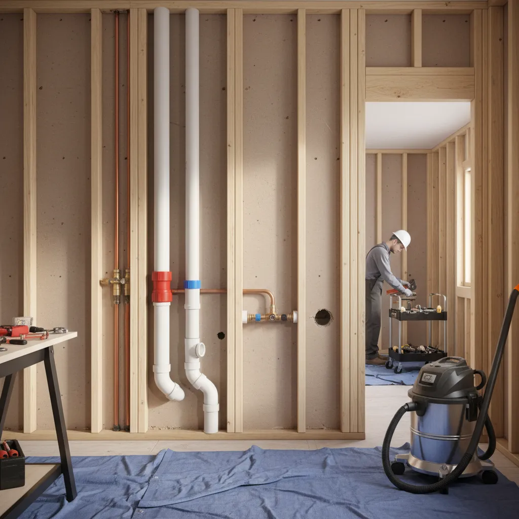Laundry plumbing lines and drain connections being removed during bedroom conversion