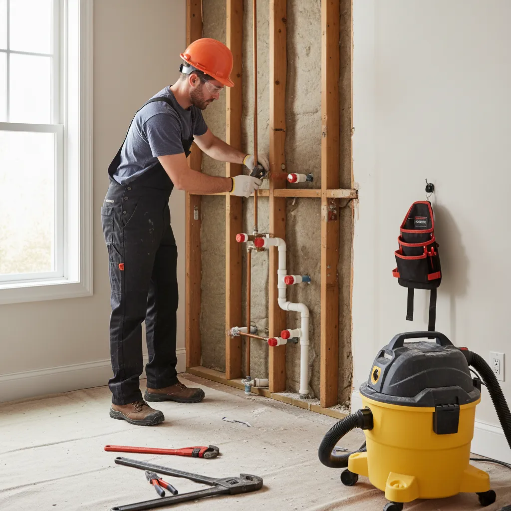 Contractor removing laundry plumbing during room renovation