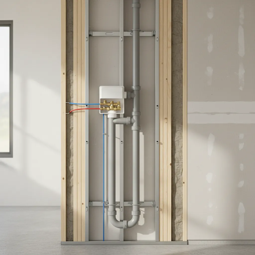Interior wall showing laundry plumbing drain and water supply lines during renovation