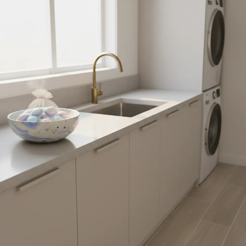 Laundry pod placed in small decorative bowl used as DIY air freshener