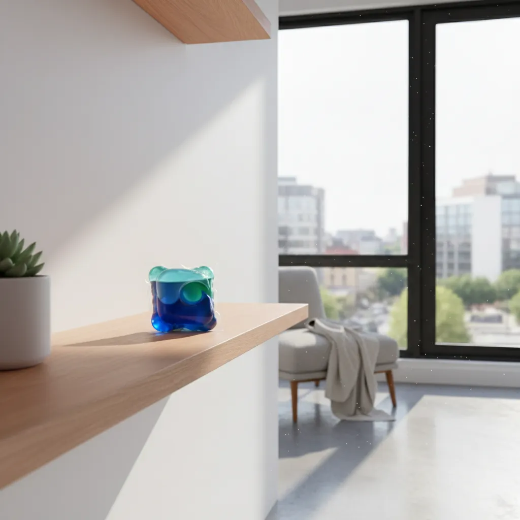 Laundry pod sitting on shelf near sunny window illustrating exposure risks