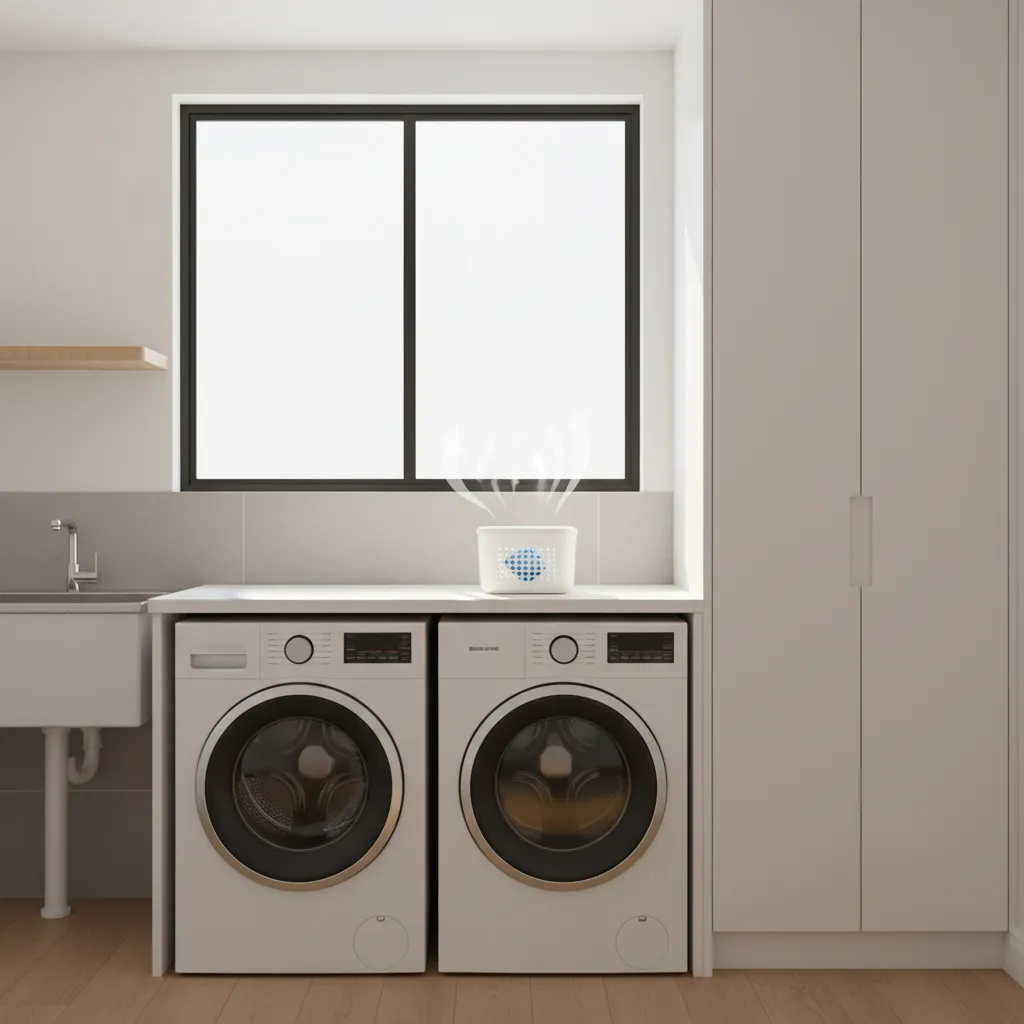 Laundry pod air freshener placed on high shelf for scent airflow