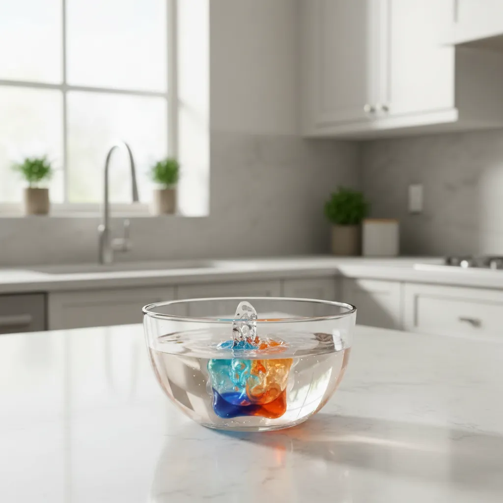 Laundry pod placed in bowl of warm water for scent experiment