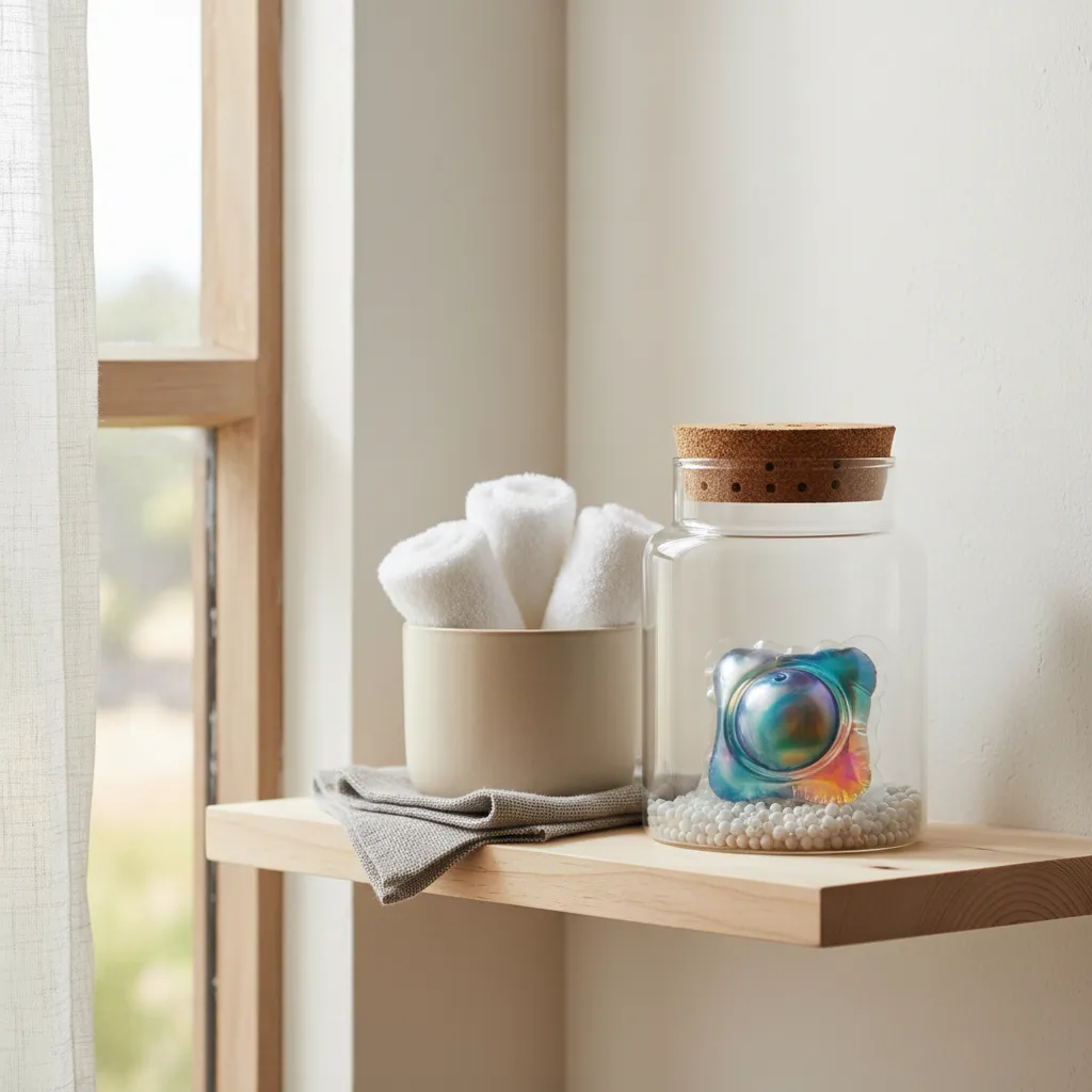 Laundry pod placed in a ventilated jar used as a DIY room freshener on a shelf