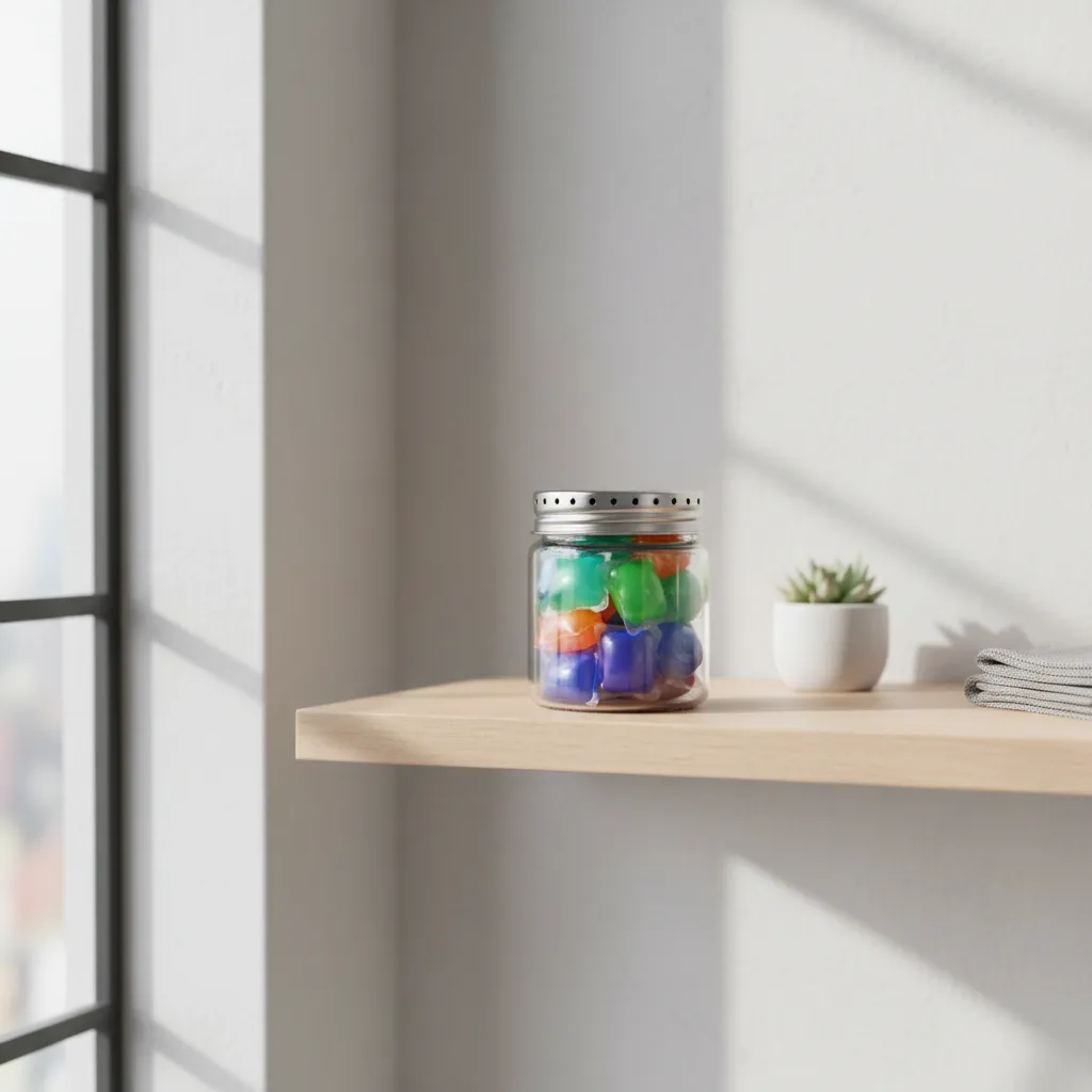 Laundry pod placed in small ventilated jar used as DIY room freshener