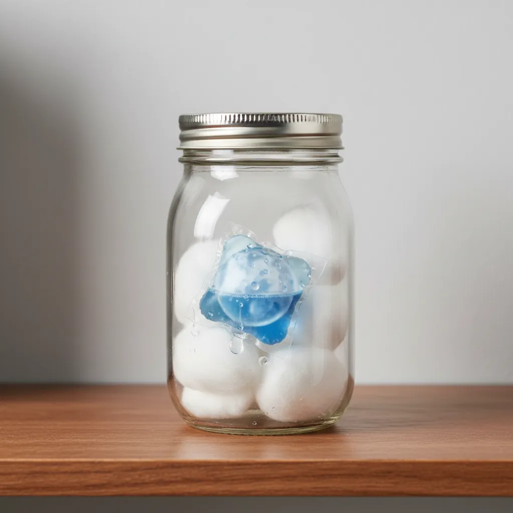 Mason jar with laundry pod and cotton balls used to extend fragrance