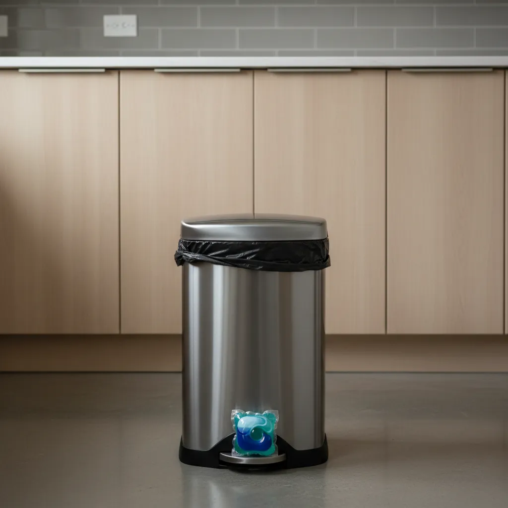 Laundry pod placed under trash bag inside kitchen bin