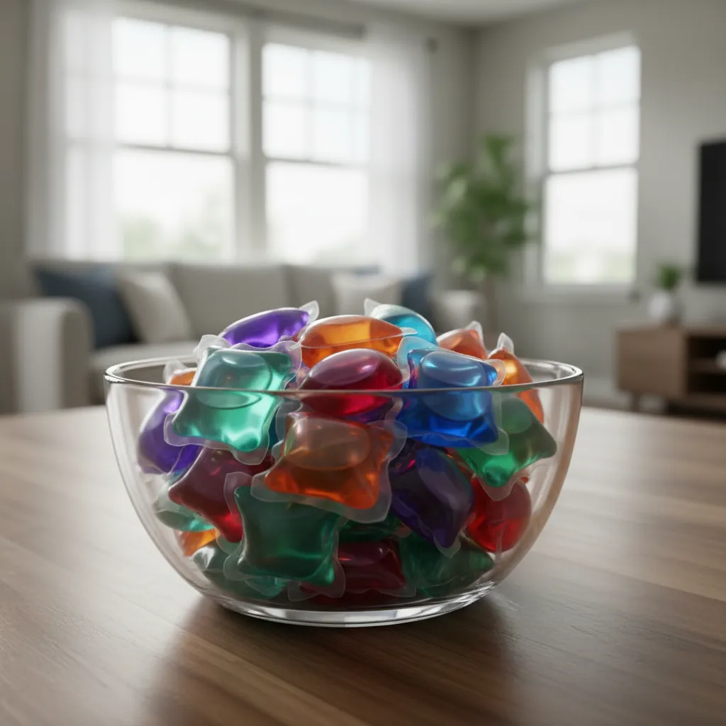 Close up of colorful laundry pods in a glass container on a table