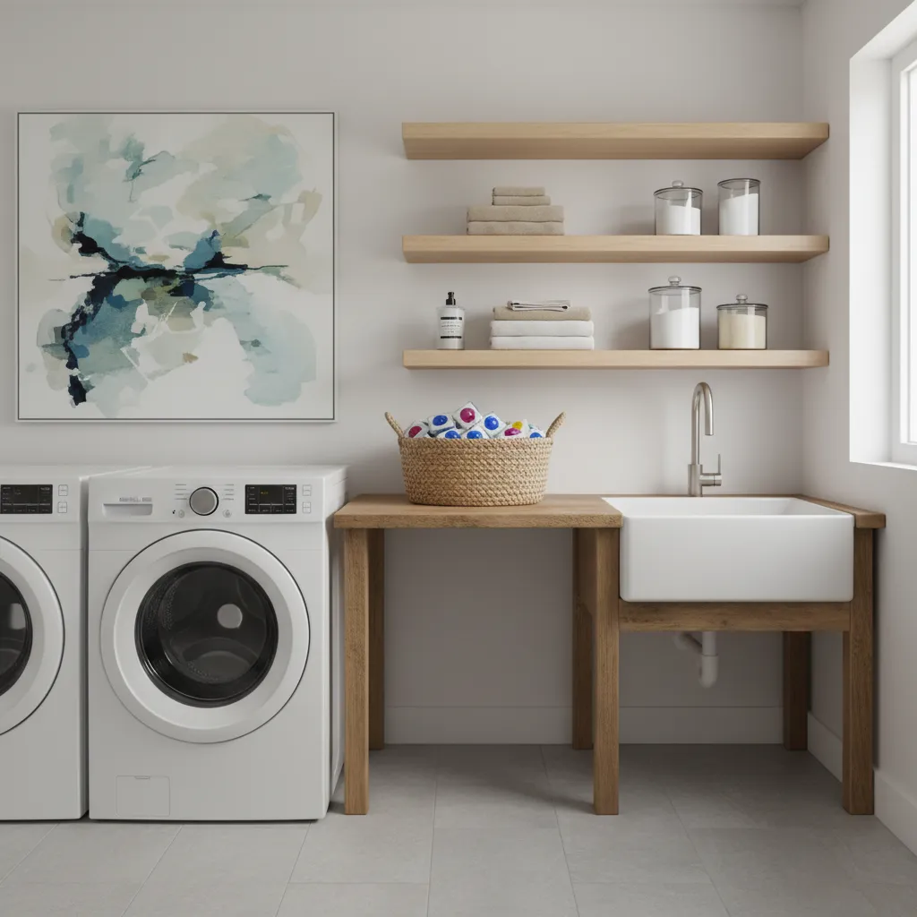 Laundry pods stored in a basket in a modern laundry room