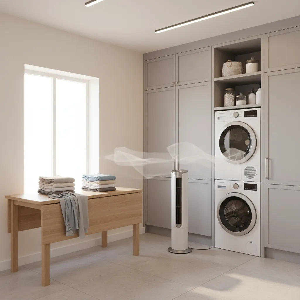 Laundry room with fan blowing across clothing piles showing how airflow disturbs fabrics