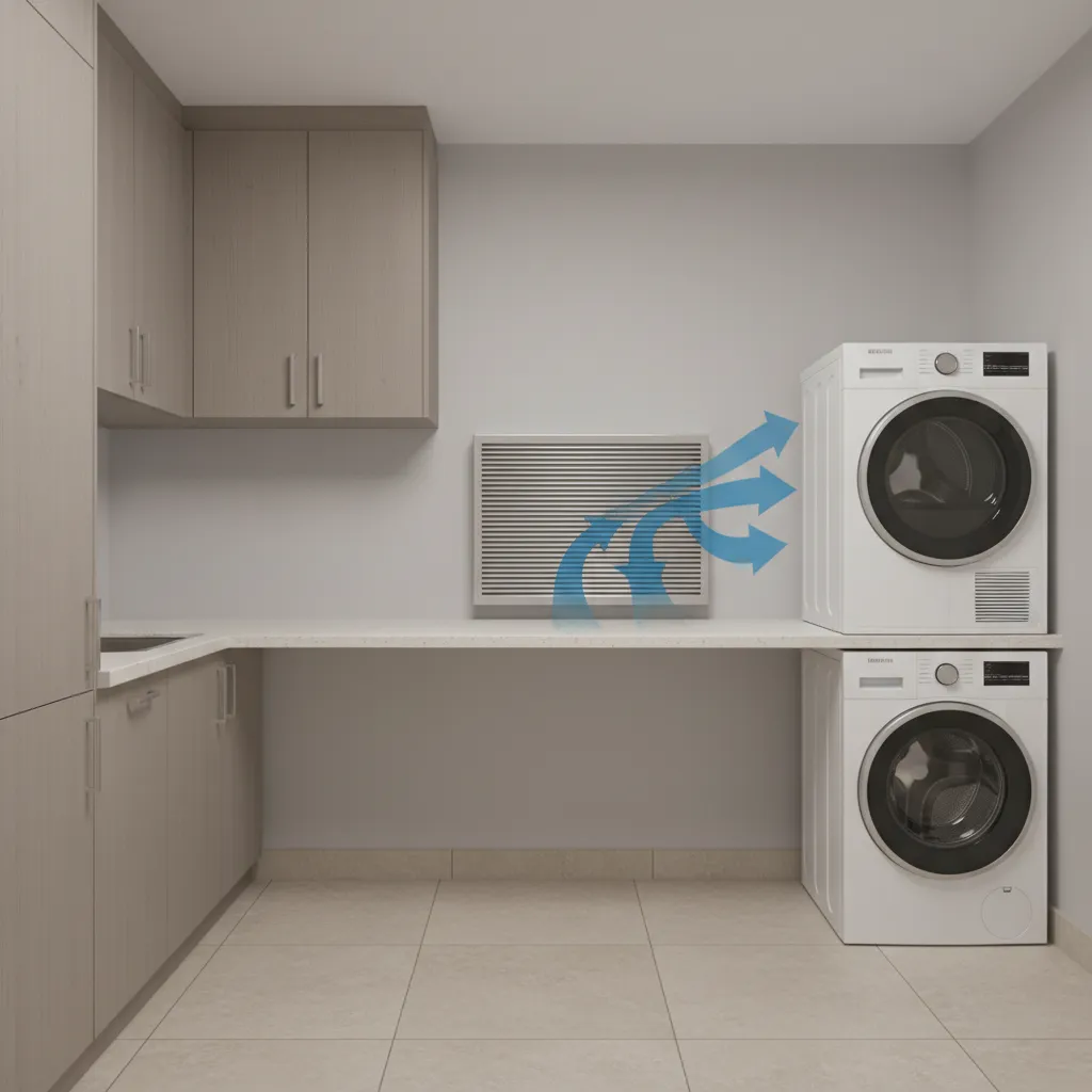 Laundry room showing airflow movement around washer and dryer