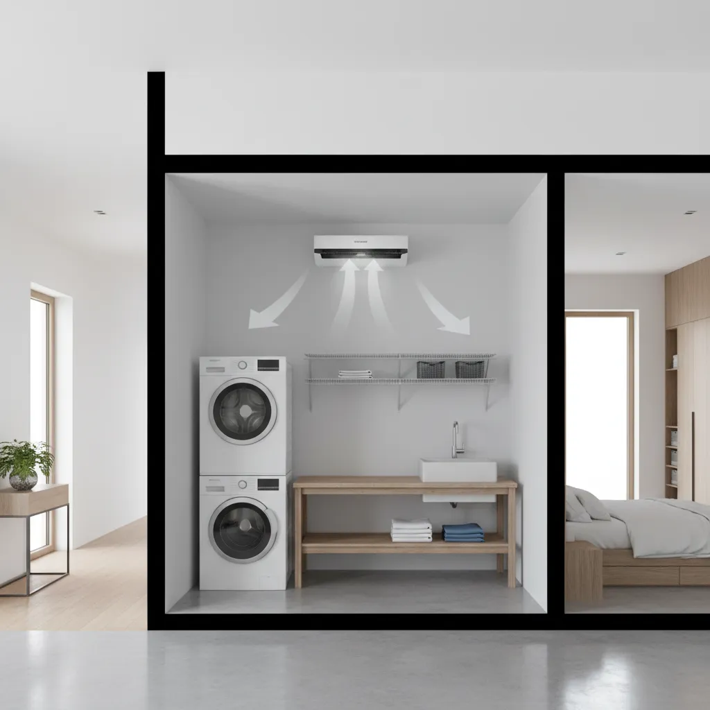 Diagram style interior showing airflow moving from laundry room toward hallway and bedrooms