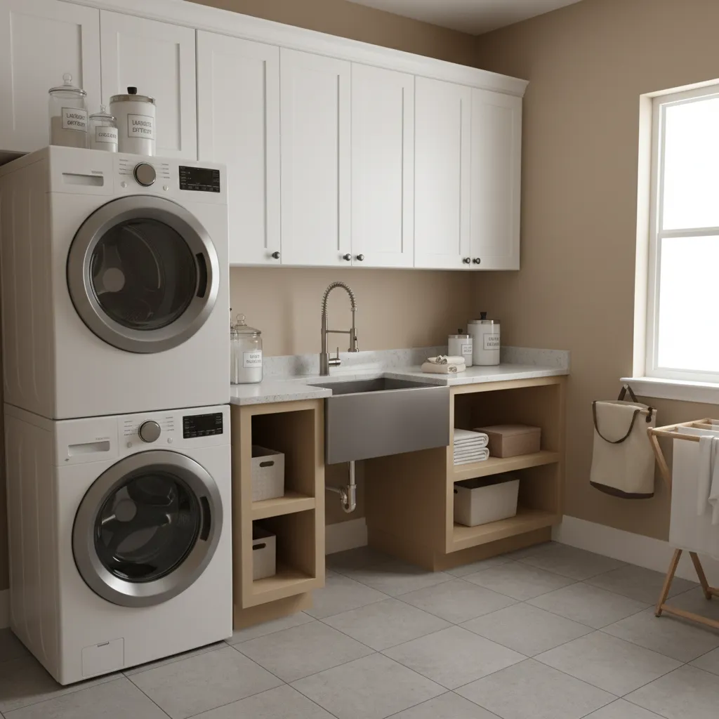 Laundry room with stacked white machines white cabinets silver sink wooden drying rack and walls