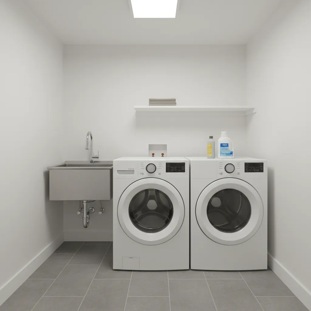 Small laundry room with washer dryer and utility sink before bedroom conversion