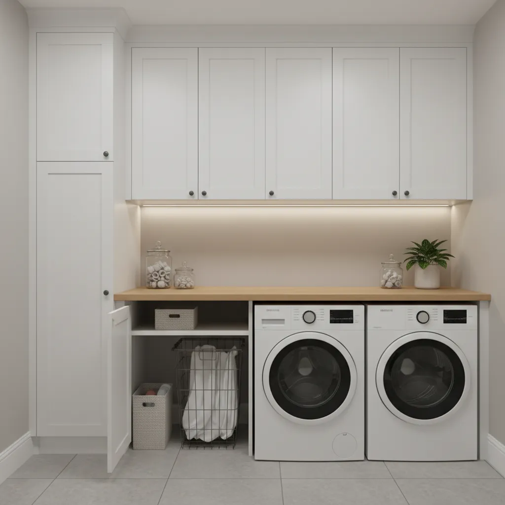 laundry room built in cabinets above washer dryer storage