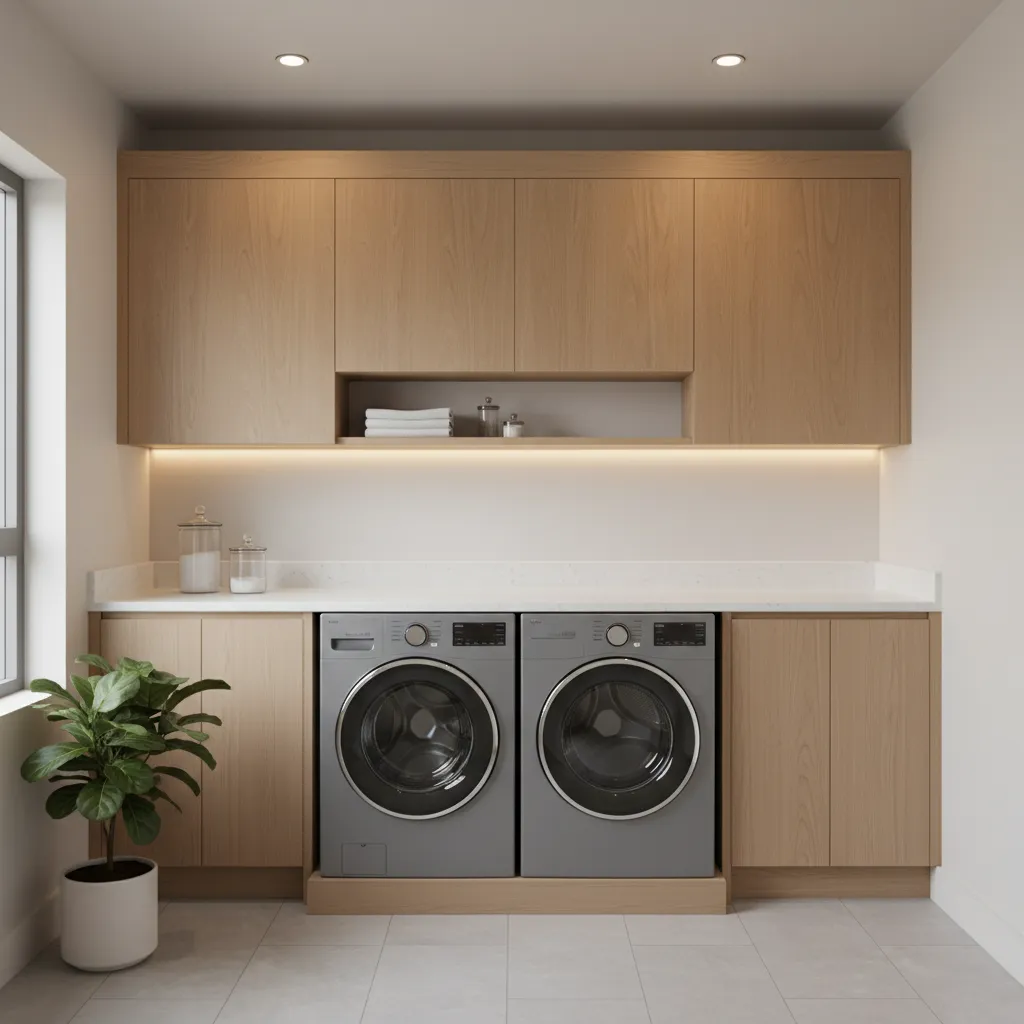 laundry room showing wood cabinets with grey washer dryer