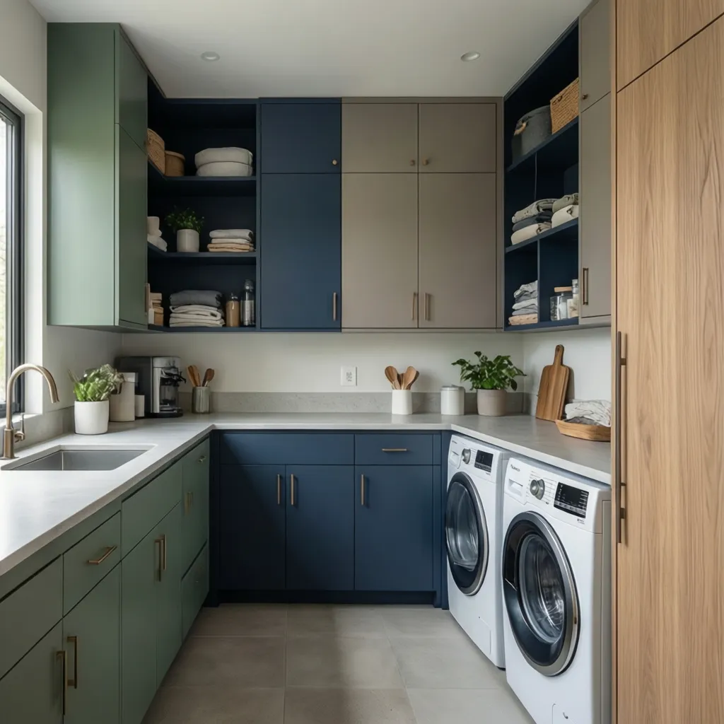 Laundry room cabinets in sage green navy and neutral tones