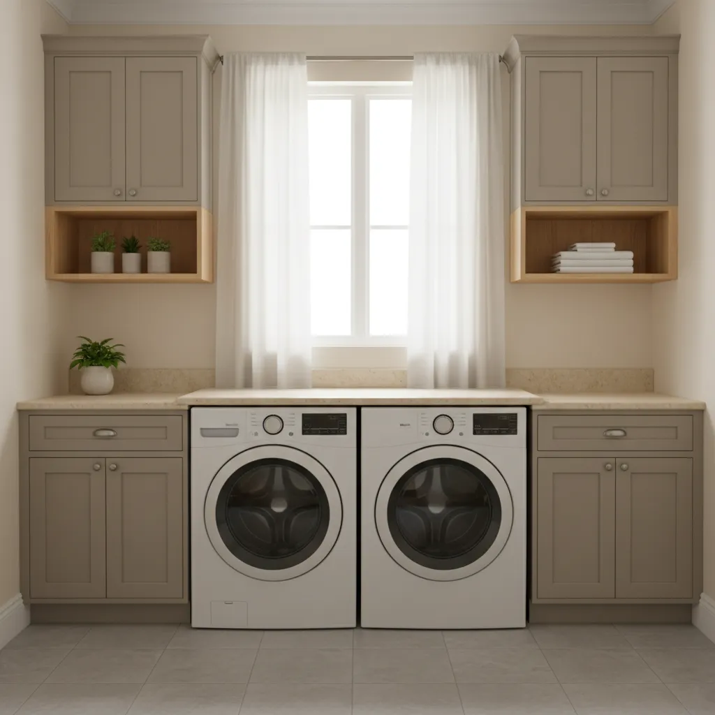 Laundry countertop integrated with storage cabinets and shelving
