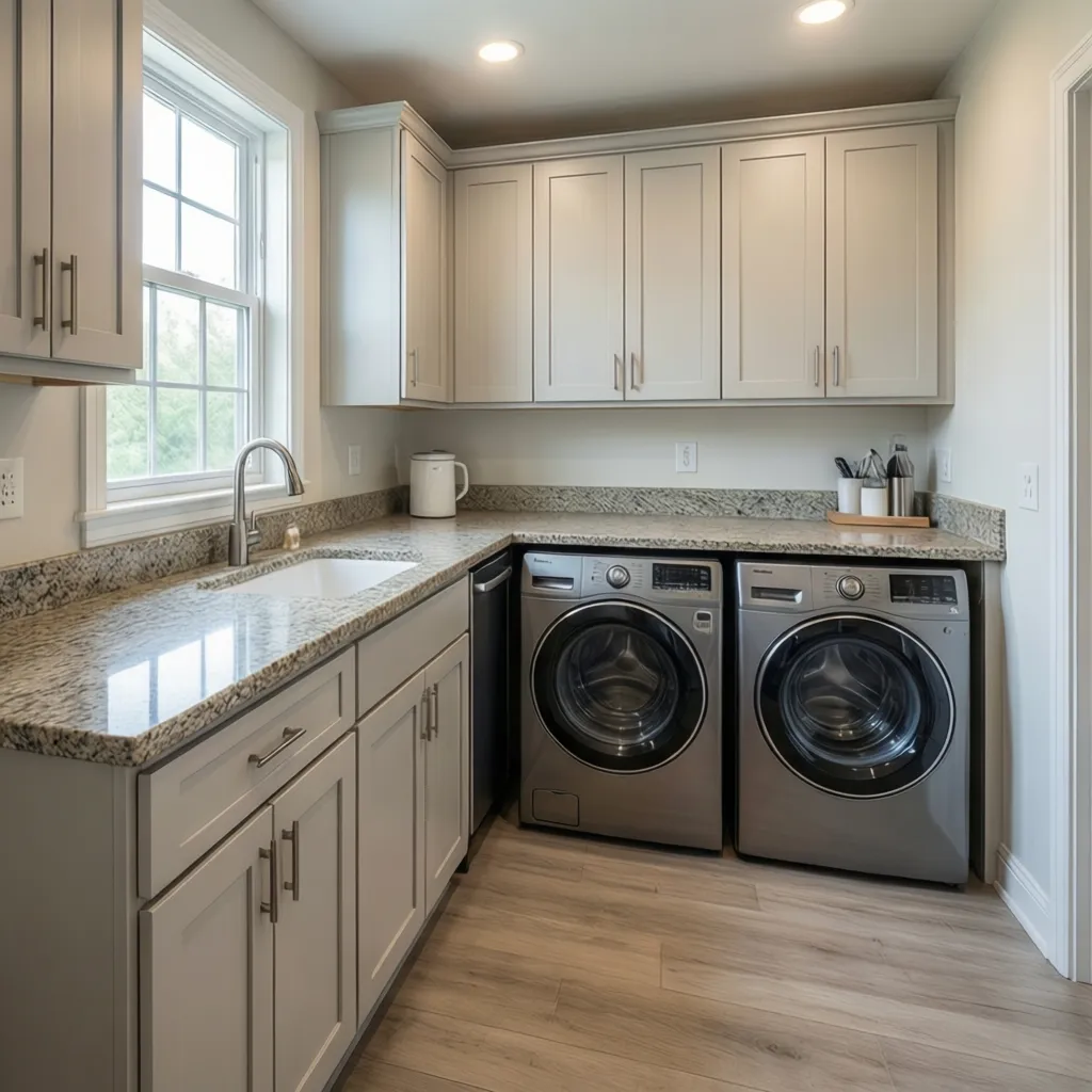 Laundry room base cabinets supporting a quartz countertop