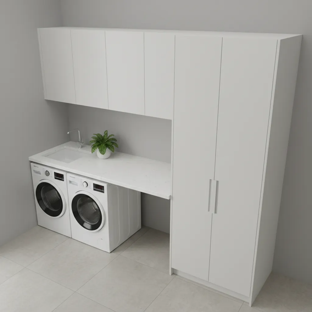laundry room cabinet layout with upper cabinets folding counter and tall storage