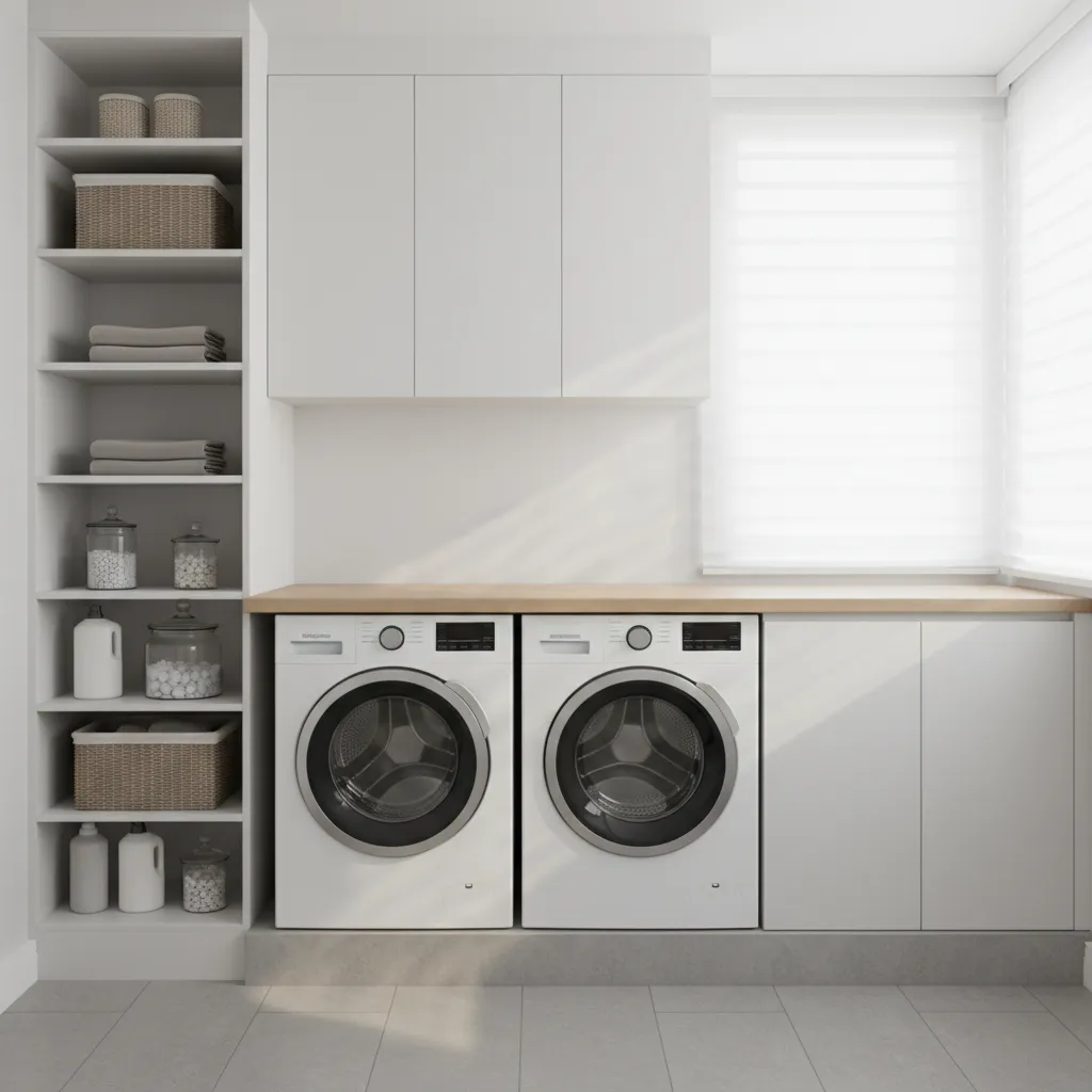 Laundry room layout with cabinets above washer and dryer