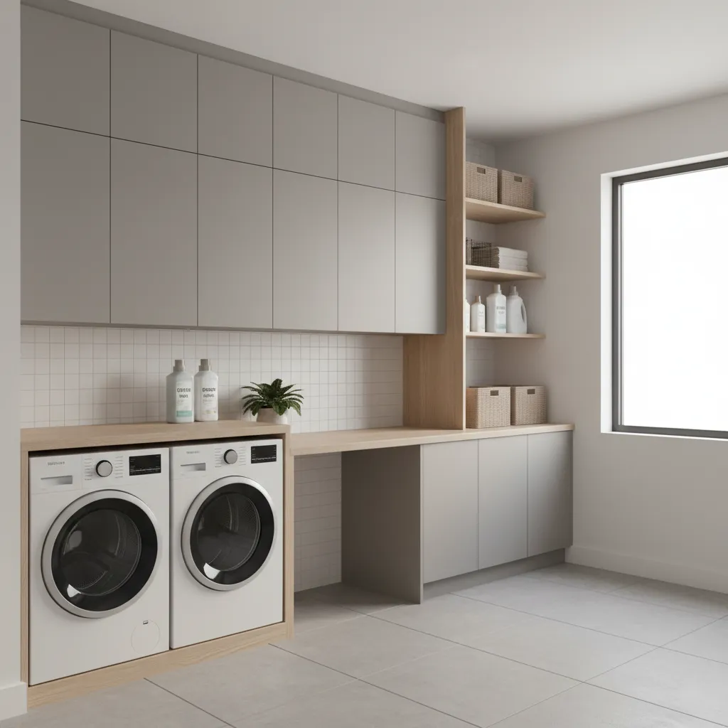 Laundry room layout showing washer dryer cabinets and folding counter