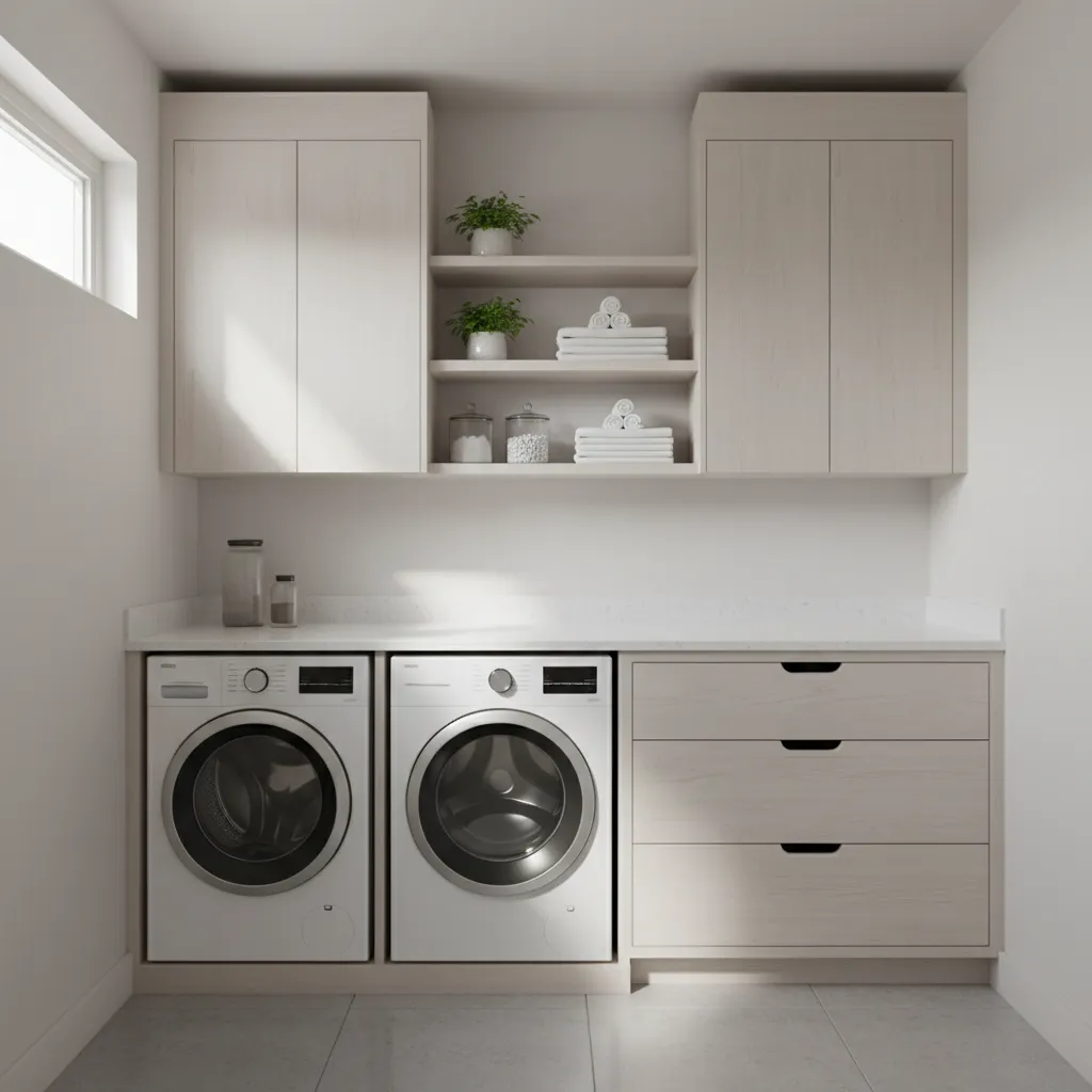 Laundry room with cabinets installed above washer and dryer with folding counter