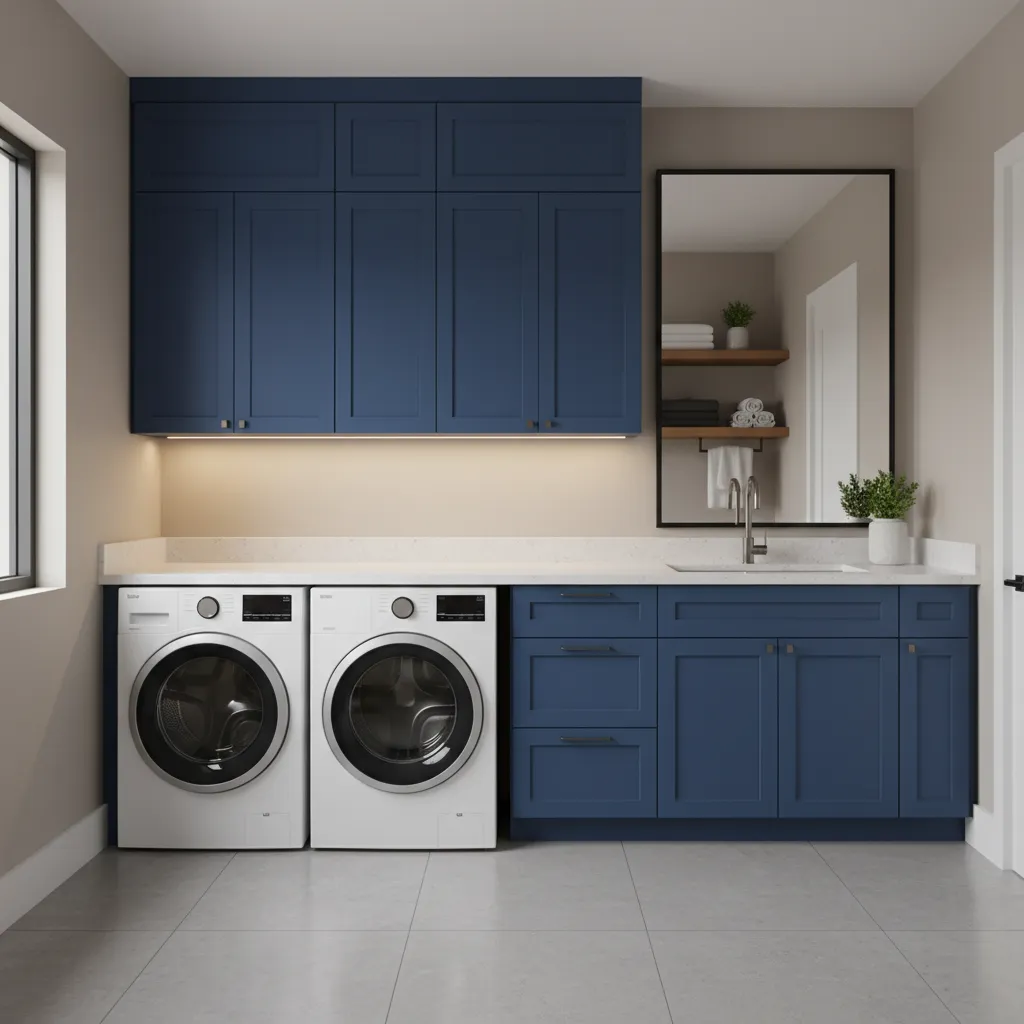Laundry room with blue cabinets illuminated by under cabinet lighting