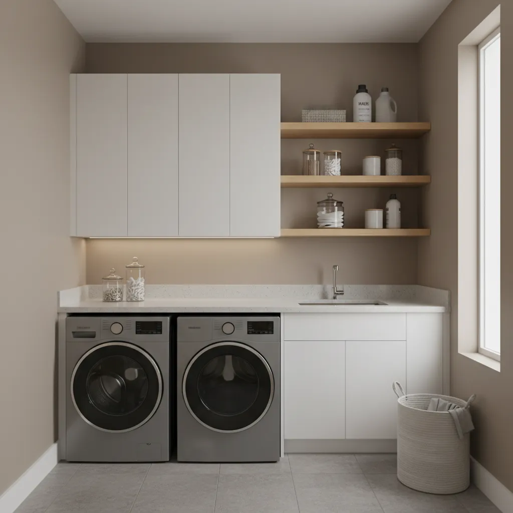 laundry room shelving and cabinet placement above washer dryer